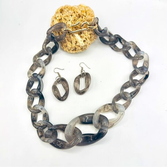 Y2K Lucite Chunky Curb Link Marbleized Necklace Set - Picture 1 of 4